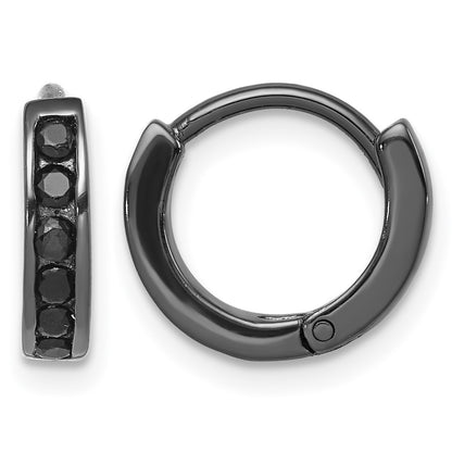 Sterling Silver Black RH-plated Black CZ Hinged Round Hoop Earrings