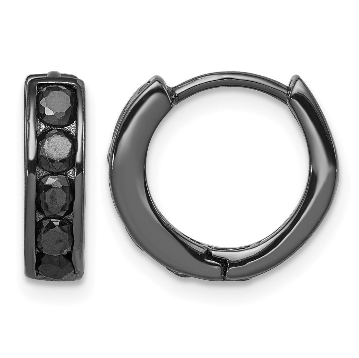 Sterling Silver Black RH-plated Black CZ Hinged 4mm Round Hoop Earrings