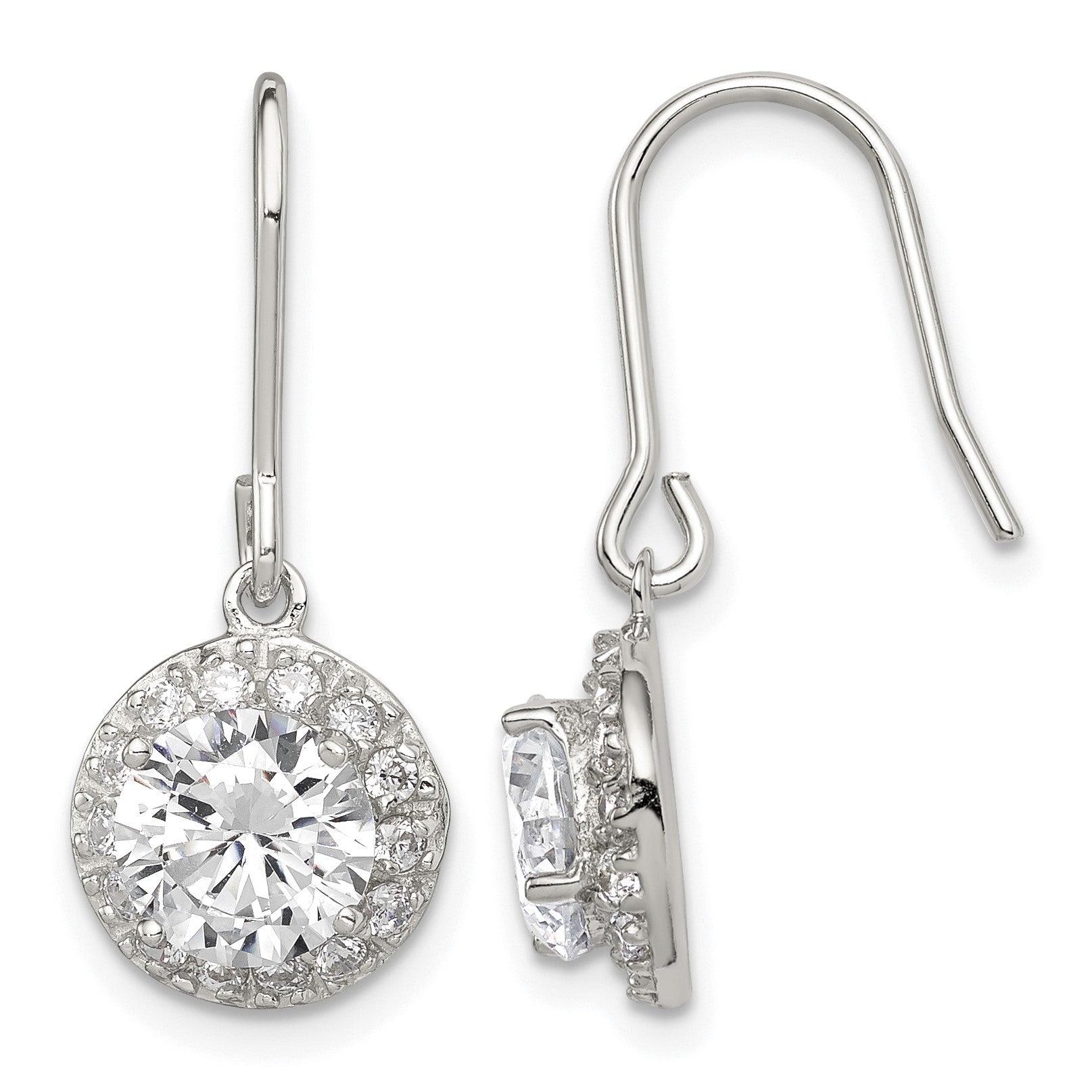 Sterling Silver Rhodium-plated Polished Round CZ Halo Dangle Earrings
