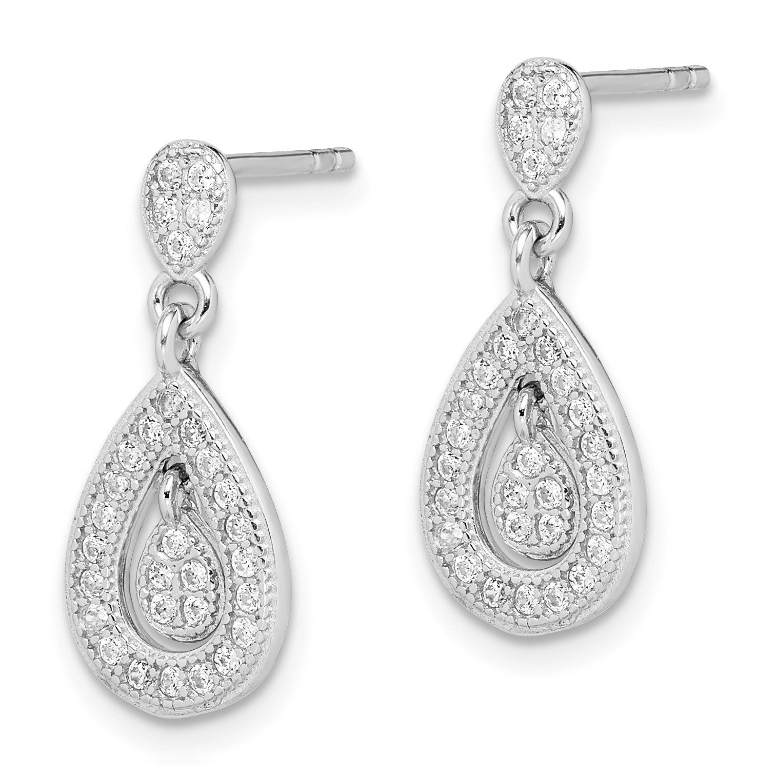 Sterling Silver Rhodium-plated CZ Pav� Pear Dangle Post Earrings