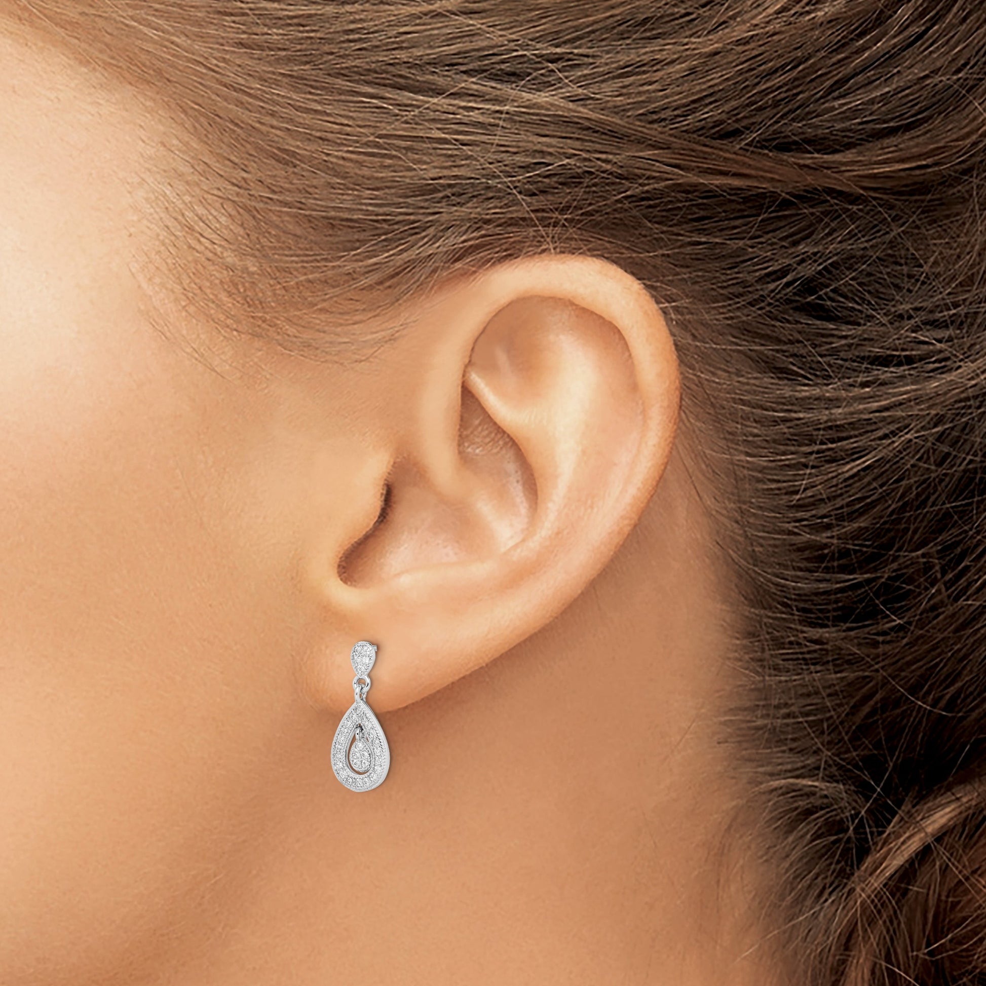 Sterling Silver Rhodium-plated CZ Pav� Pear Dangle Post Earrings