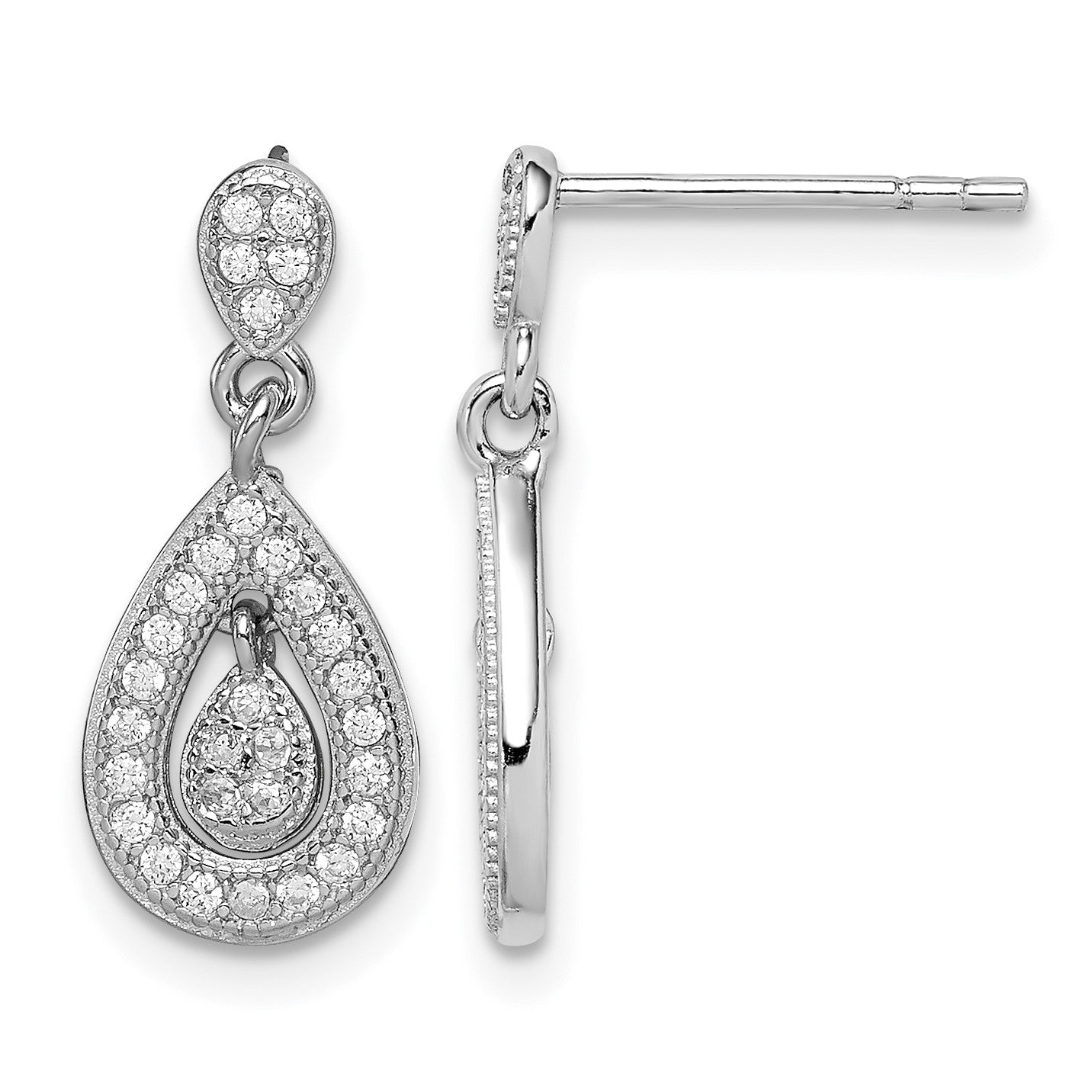Sterling Silver Rhodium-plated CZ Pav� Pear Dangle Post Earrings