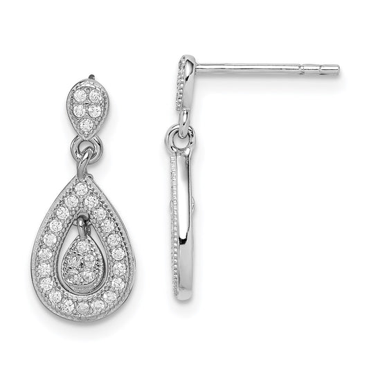 Sterling Silver Rhodium-plated CZ Pav� Pear Dangle Post Earrings