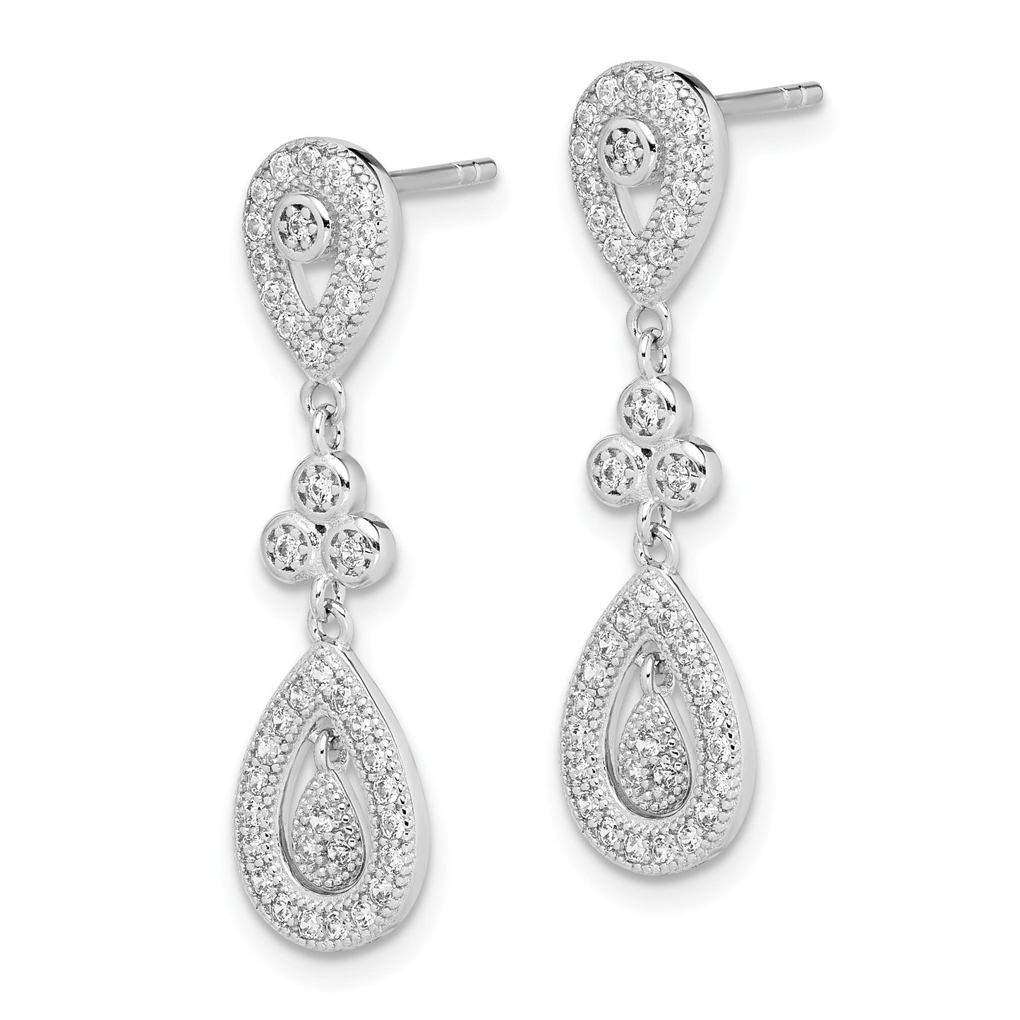 Sterling Silver Rhodium-plated CZ Pav� Pear Dangle Post Earrings