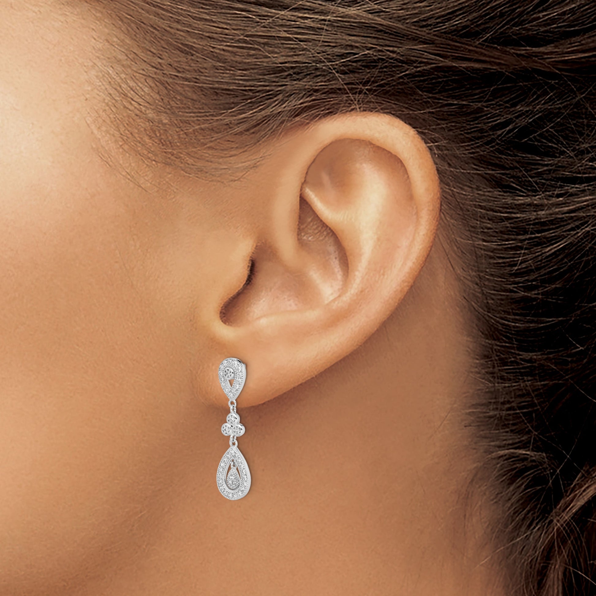 Sterling Silver Rhodium-plated CZ Pav� Pear Dangle Post Earrings