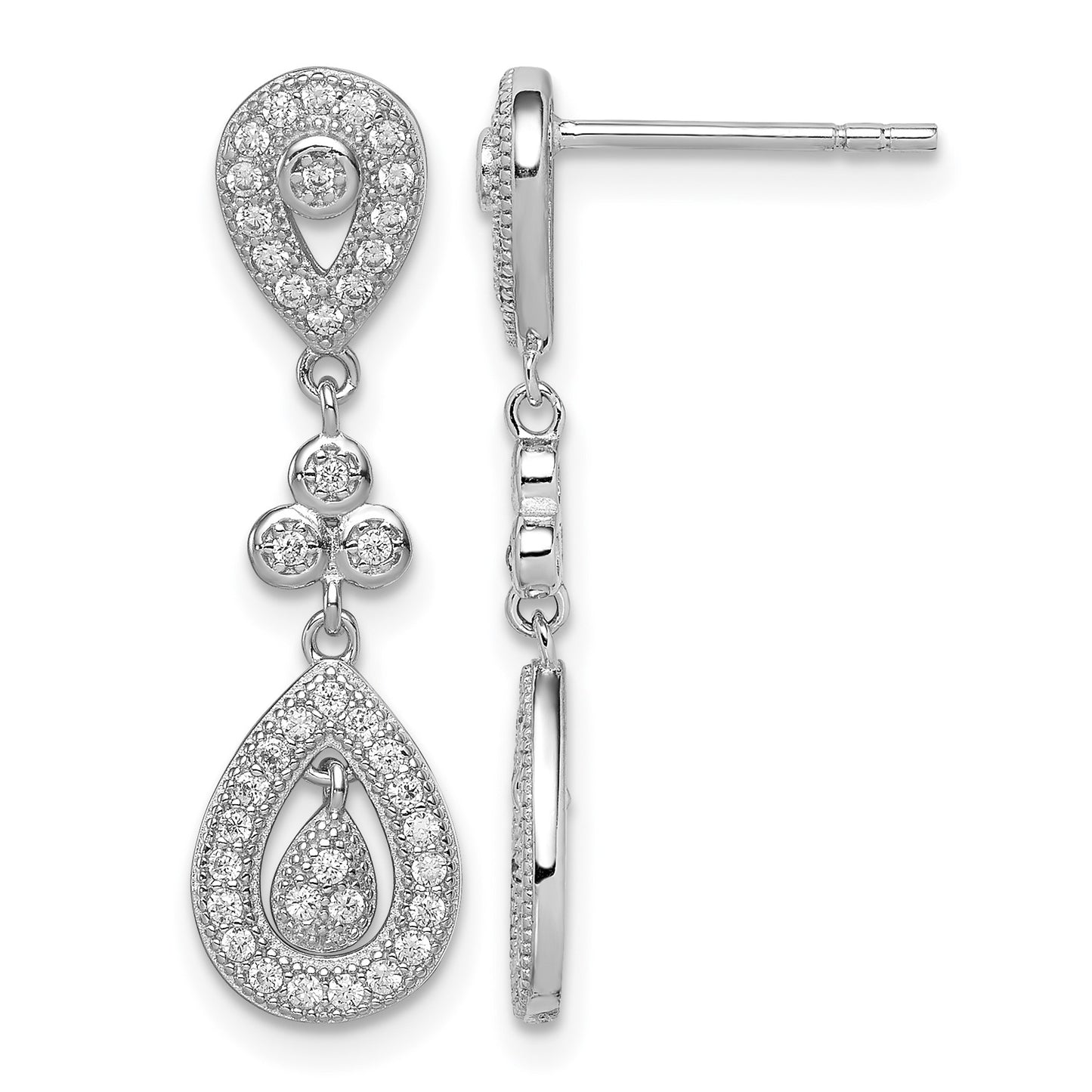 Sterling Silver Rhodium-plated CZ Pav� Pear Dangle Post Earrings