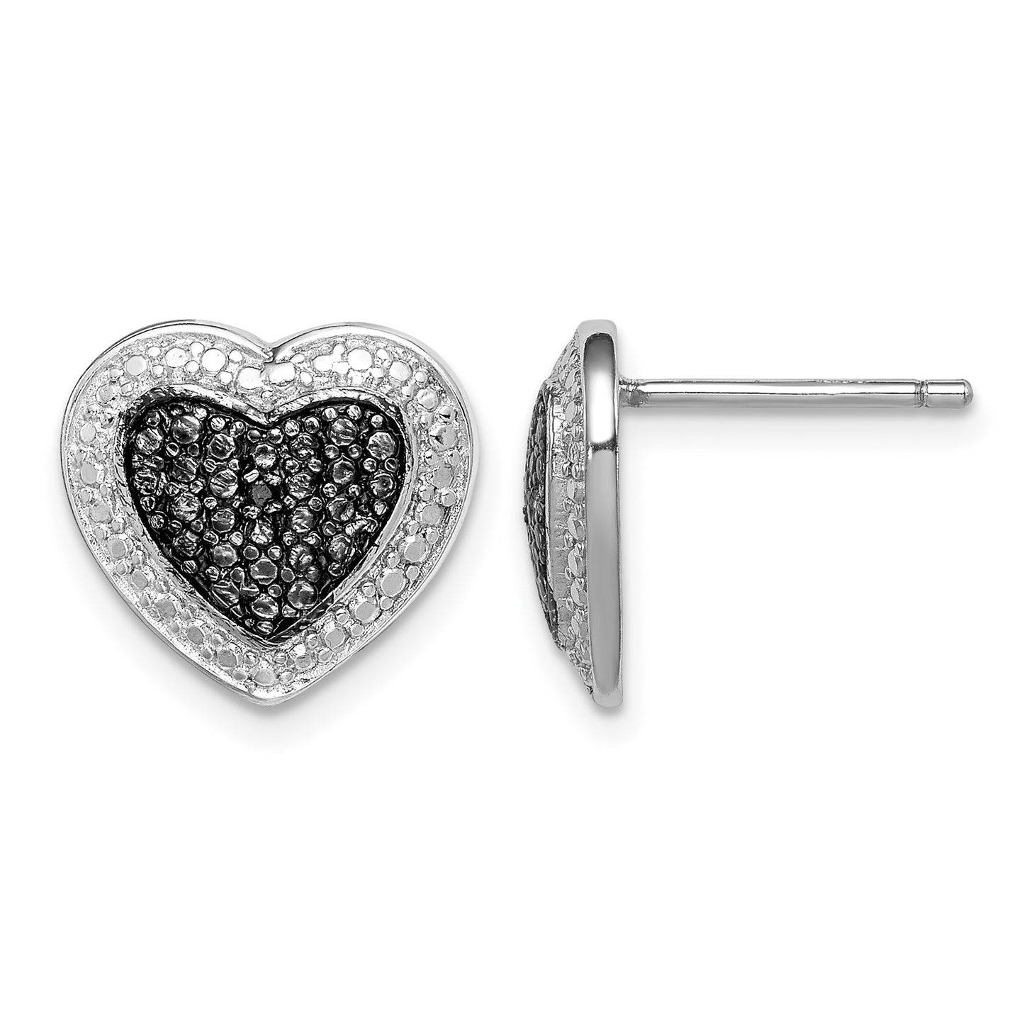 Sterling Silver Black Rhodium Plated Black CZ Heart Post Earrings