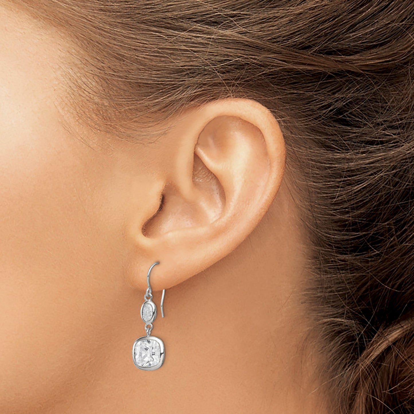 Sterling Silver Rhodium-plated Polished Oval & Square CZ Dangle Earrings