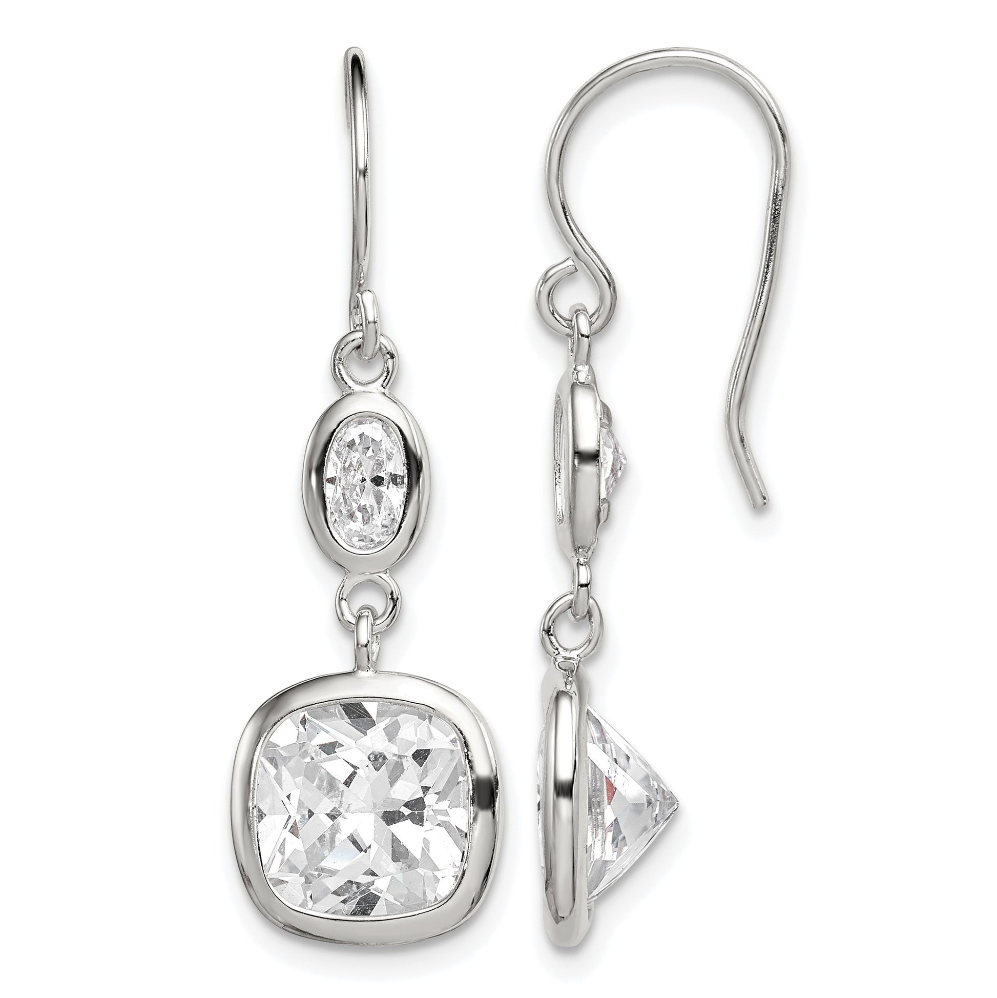 Sterling Silver Rhodium-plated Polished Oval & Square CZ Dangle Earrings