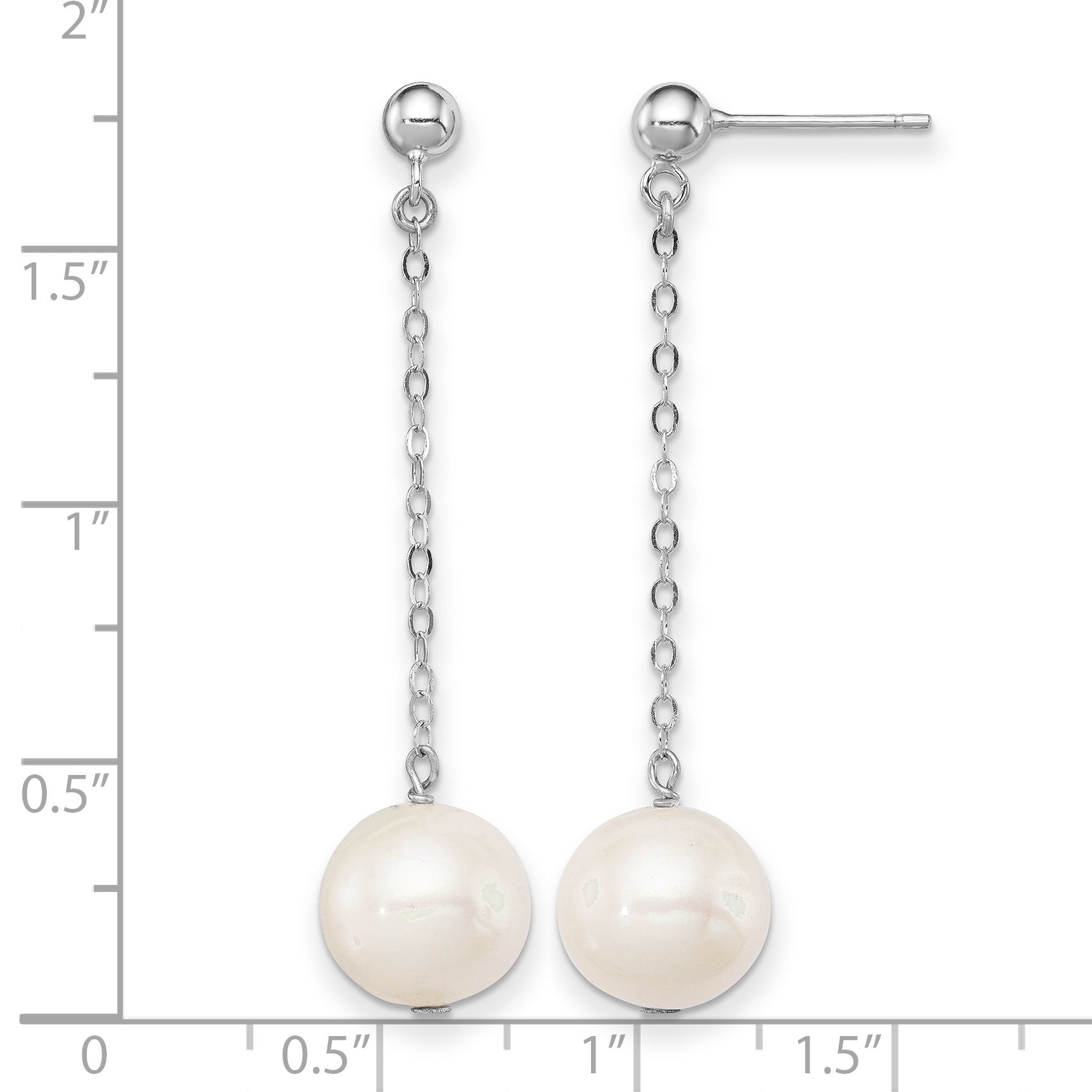 Sterling Silver Rhodium-plated 10-11mm White Round Freshwater Cultured Pearl Dangle Post Earrings