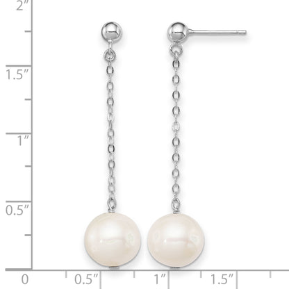 Sterling Silver Rhodium-plated 10-11mm White Round Freshwater Cultured Pearl Dangle Post Earrings