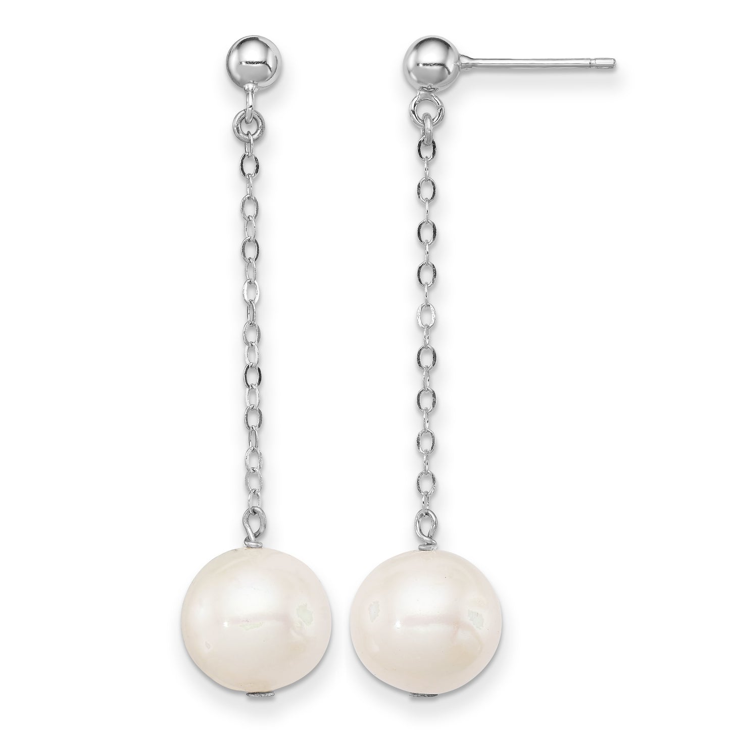 Sterling Silver Rhodium-plated 10-11mm White Round Freshwater Cultured Pearl Dangle Post Earrings