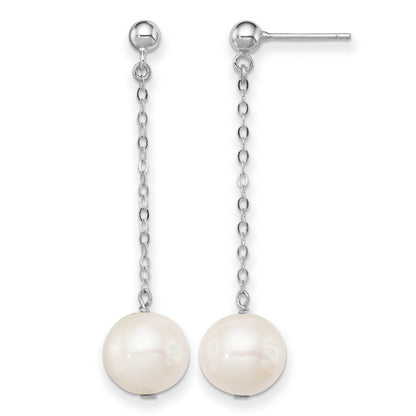Sterling Silver Rhodium-plated 10-11mm White Round Freshwater Cultured Pearl Dangle Post Earrings
