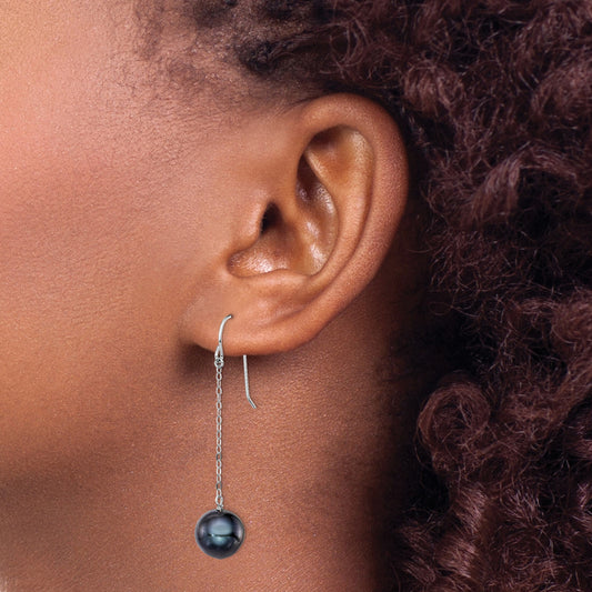 Sterling Silver Rhodium-plated 9-10mm Black Round Freshwater Cultured Pearl Dangle Earrings