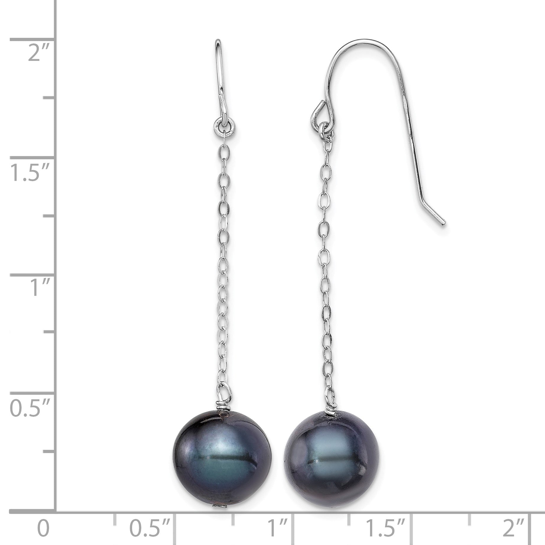 Sterling Silver Rhodium-plated 9-10mm Black Round Freshwater Cultured Pearl Dangle Earrings