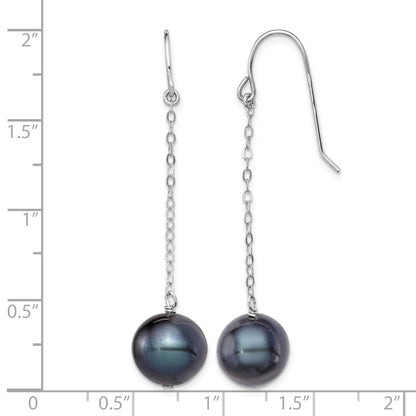 Sterling Silver Rhodium-plated 9-10mm Black Round Freshwater Cultured Pearl Dangle Earrings