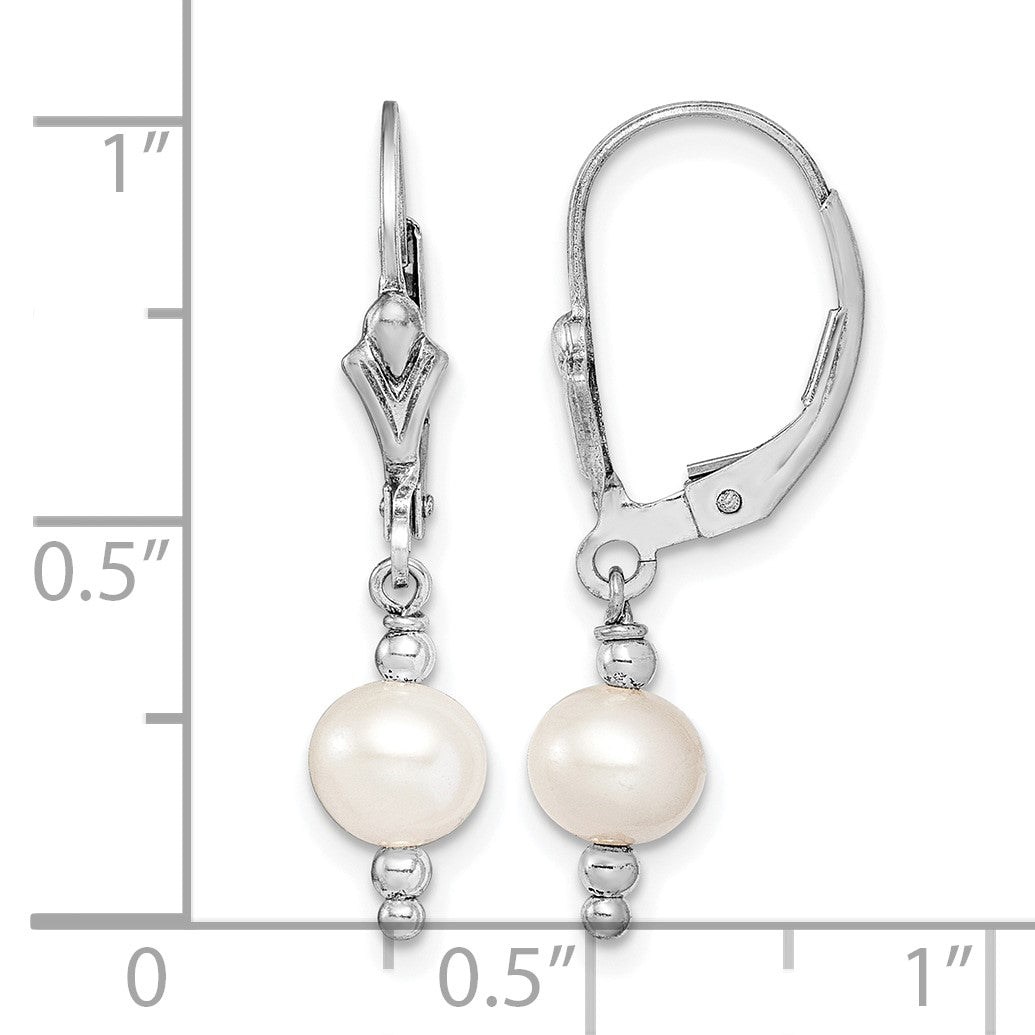 Sterling Silver Rhodium-plated 6-7mm White Semi-Round Freshwater Cultured Pearl Leverback Dangle Earrings