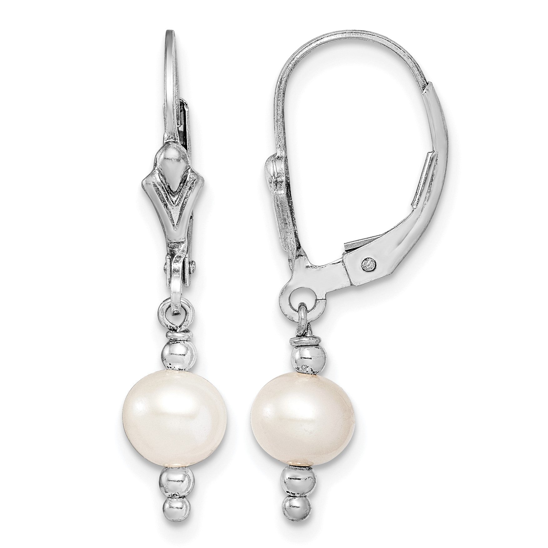 Sterling Silver Rhodium-plated 6-7mm White Semi-Round Freshwater Cultured Pearl Leverback Dangle Earrings