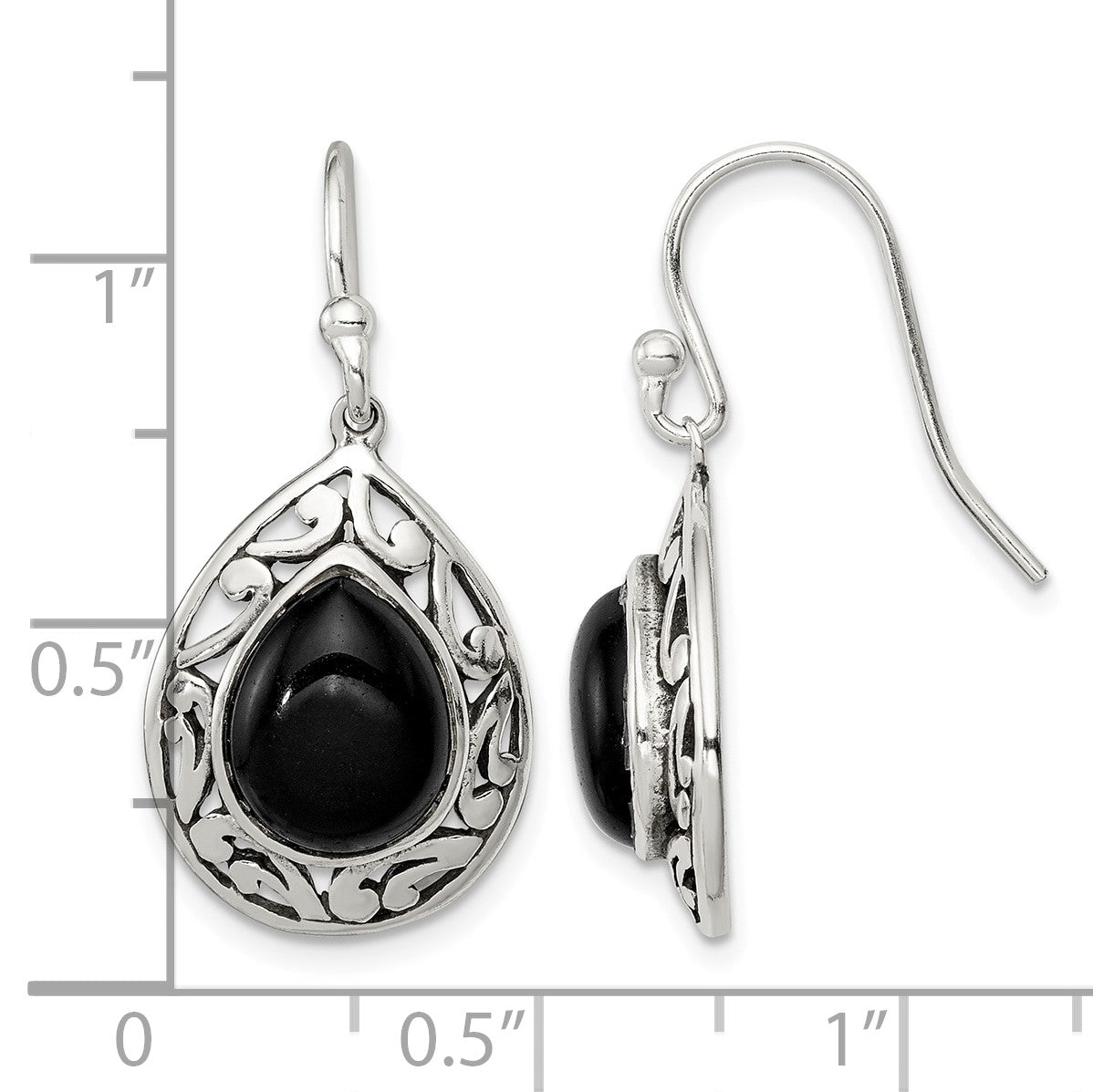 Sterling Silver Polished & Antiqued Filigree Onyx Teardrop Dangle Earrings