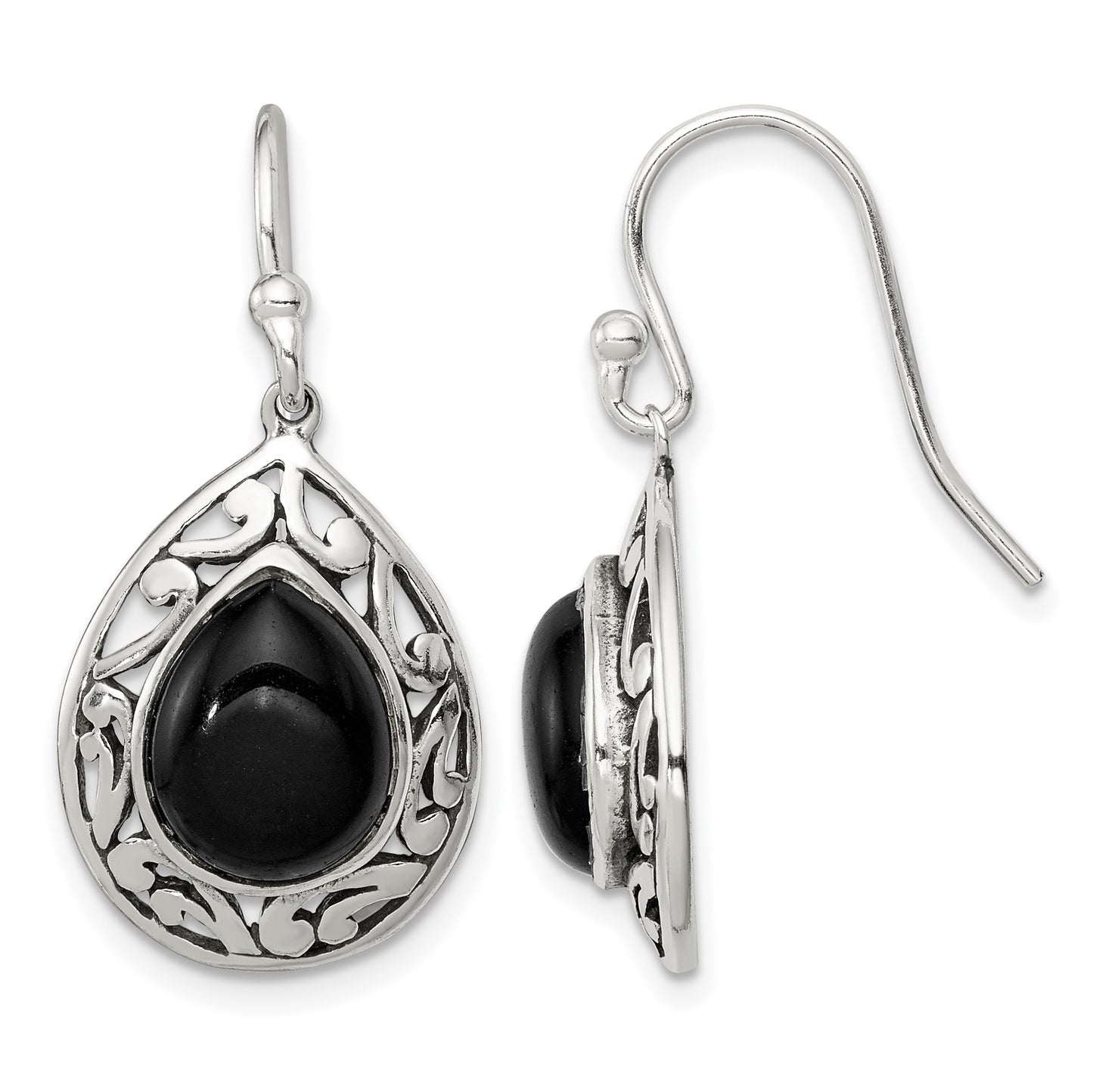 Sterling Silver Polished & Antiqued Filigree Onyx Teardrop Dangle Earrings