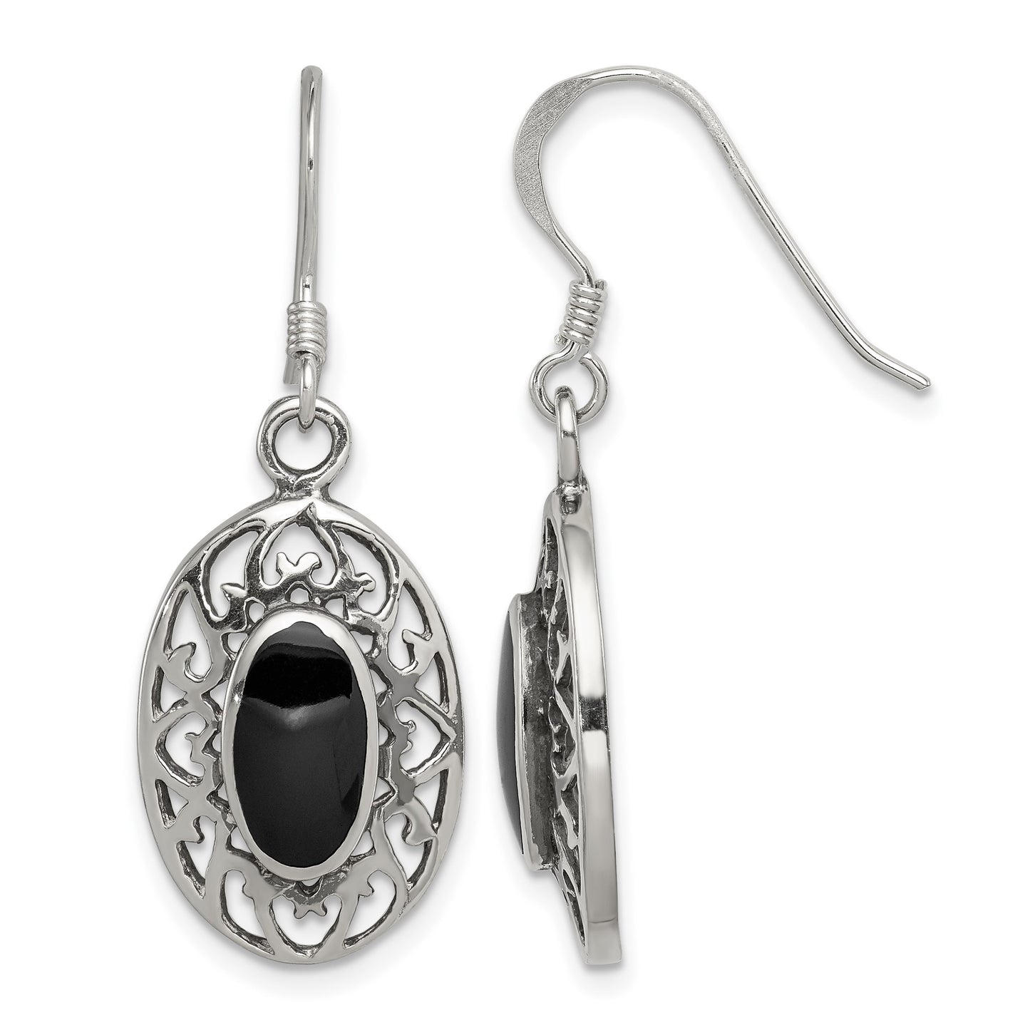 Sterling Silver Polished/Antiqued Filigree Black Agate Oval Dangle Earrings