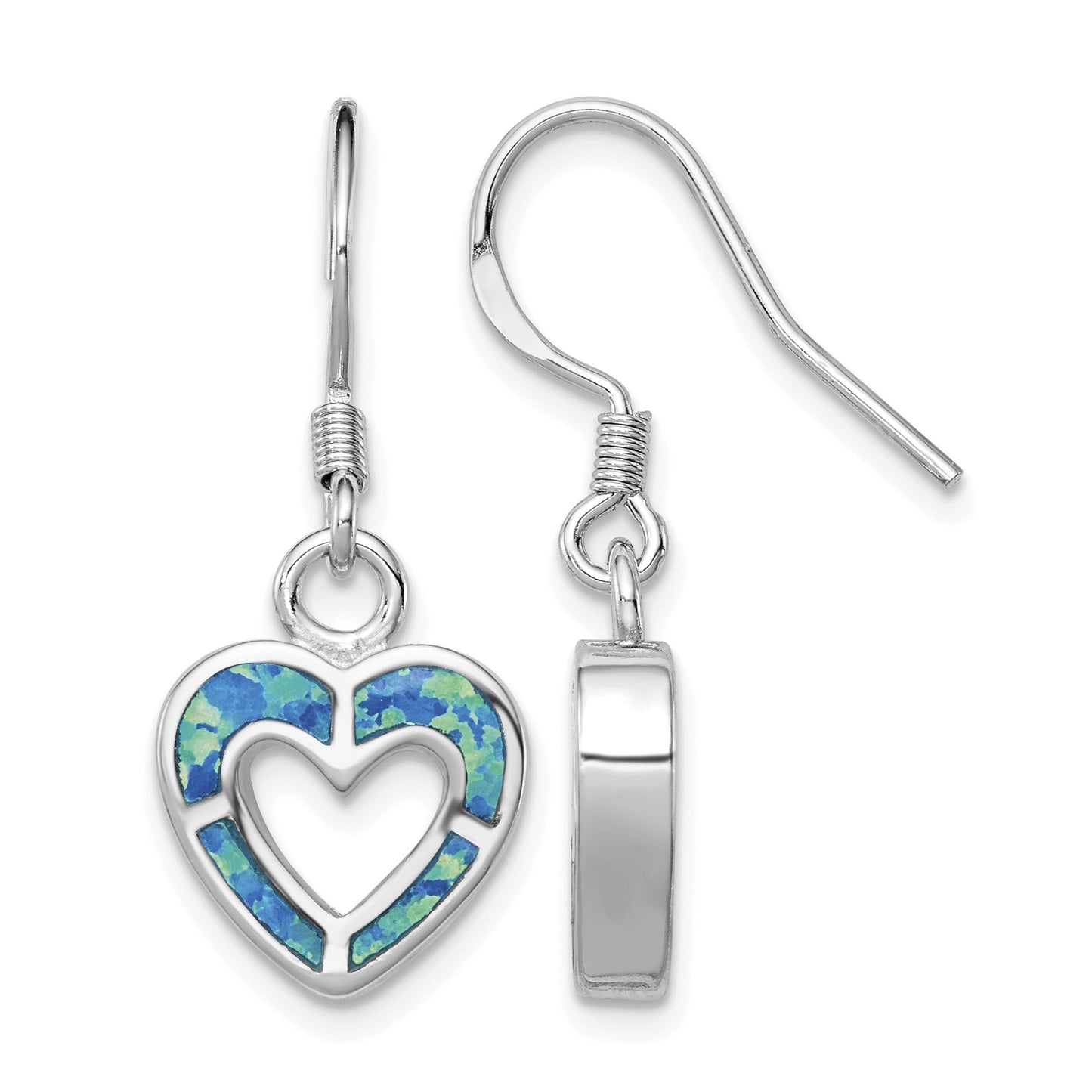 Sterling Silver RH-plated Blue Created Opal Inlay Heart Dangle Earrings