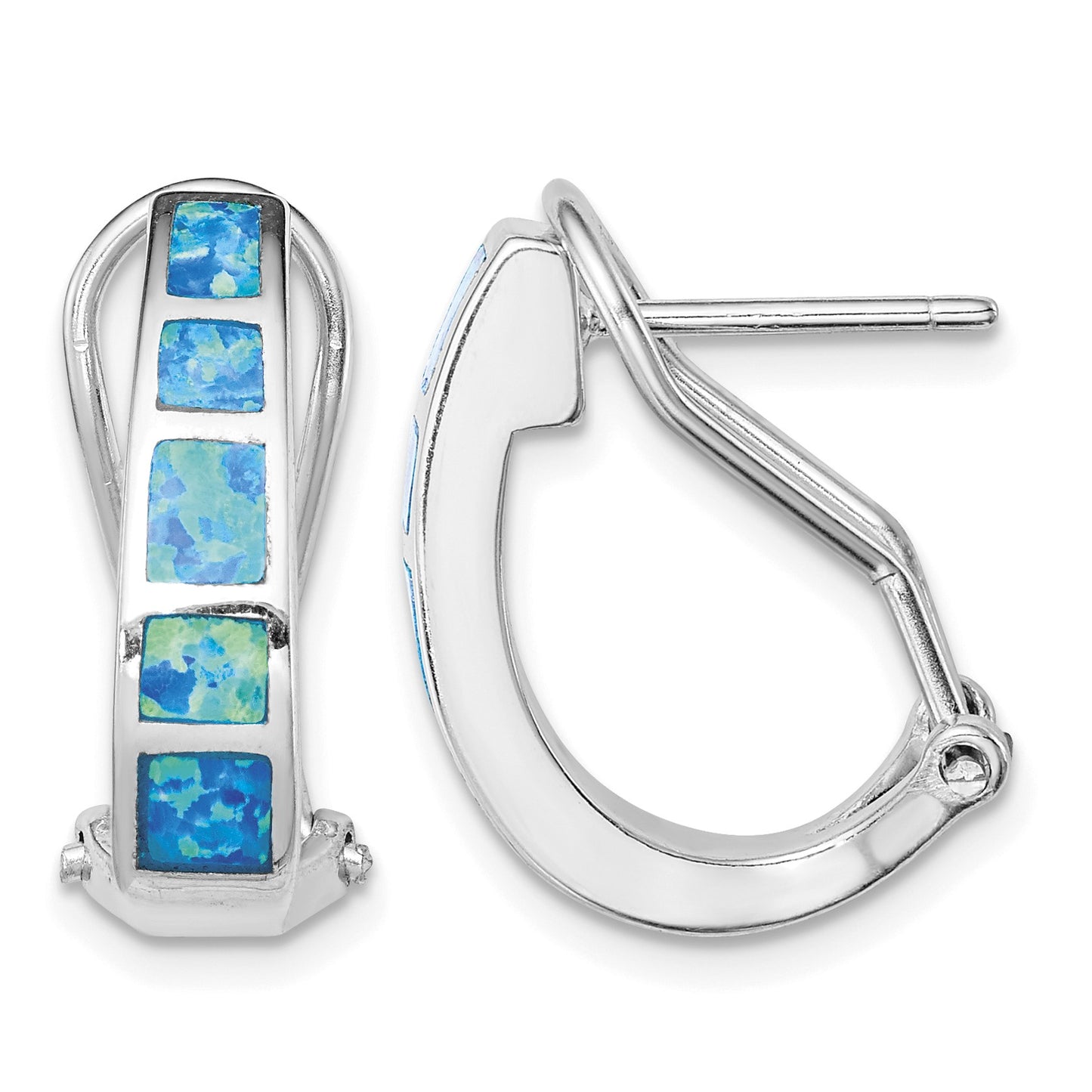 Sterling Silver Rhodium-plated Polished Blue Created Opal Inlay J-Hoop Earrings