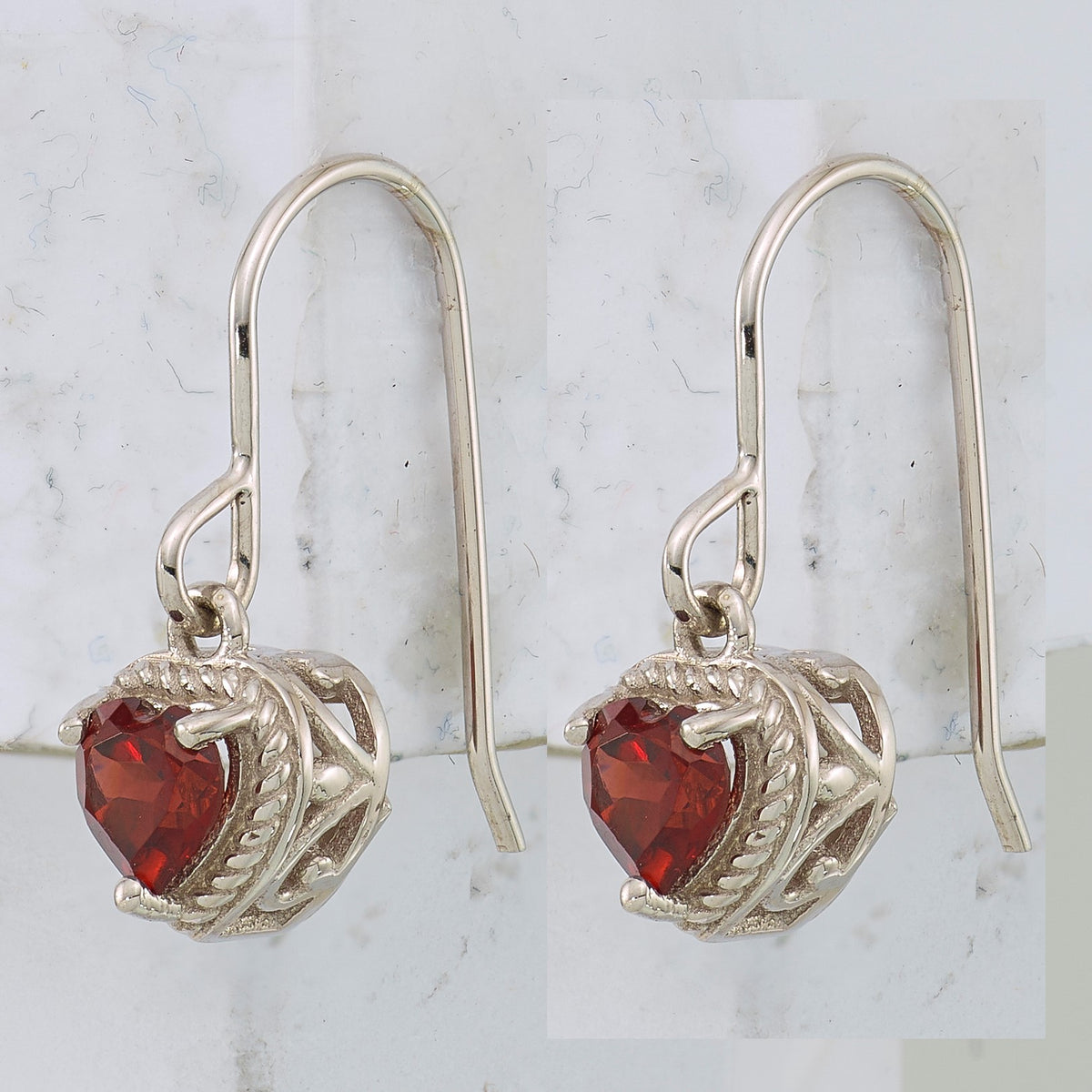 Sterling Silver Rhodium Plated Garnet Small Heart Earrings