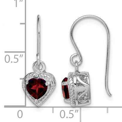 Sterling Silver Rhodium Plated Garnet Small Heart Earrings