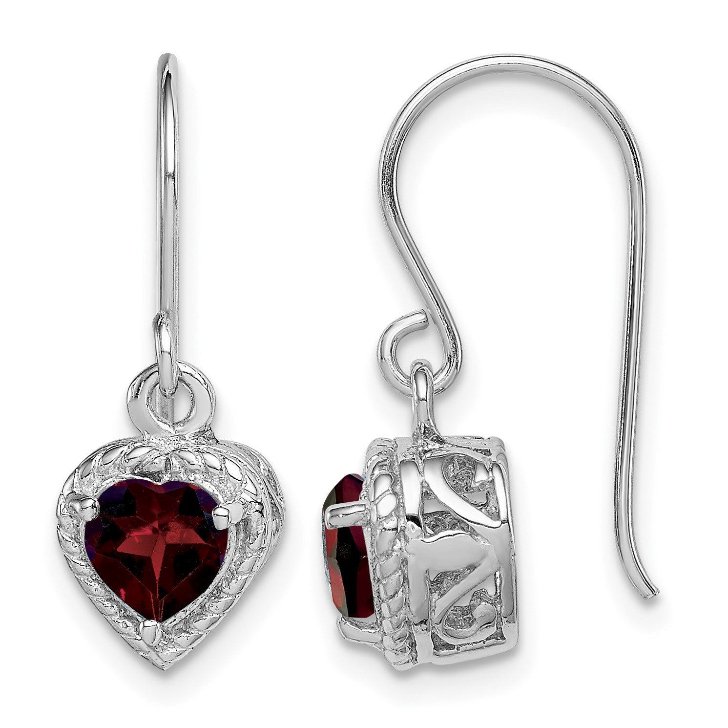 Sterling Silver Rhodium Plated Garnet Small Heart Earrings