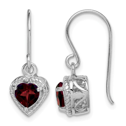 Sterling Silver Rhodium Plated Garnet Small Heart Earrings