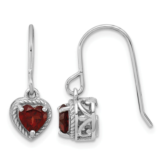 Sterling Silver Rhodium Plated Garnet Small Heart Earrings