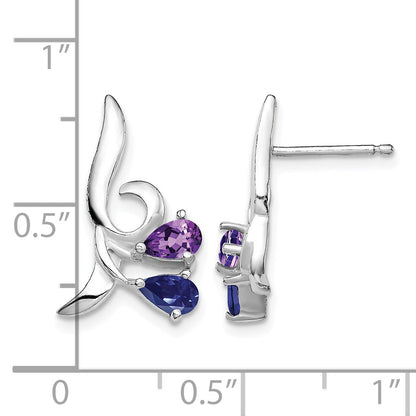 Sterling Silver Rhodium Plated Polished Amethyst and Iolite Post Earrings