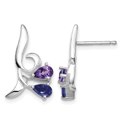Sterling Silver Rhodium Plated Polished Amethyst and Iolite Post Earrings