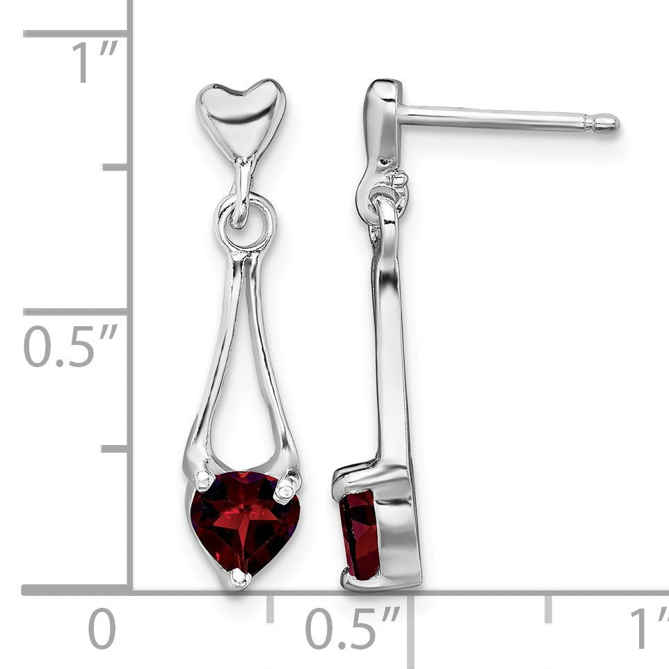 Sterling Silver Rhodium-plated Polished Garnet Heart Post Dangle Earrings