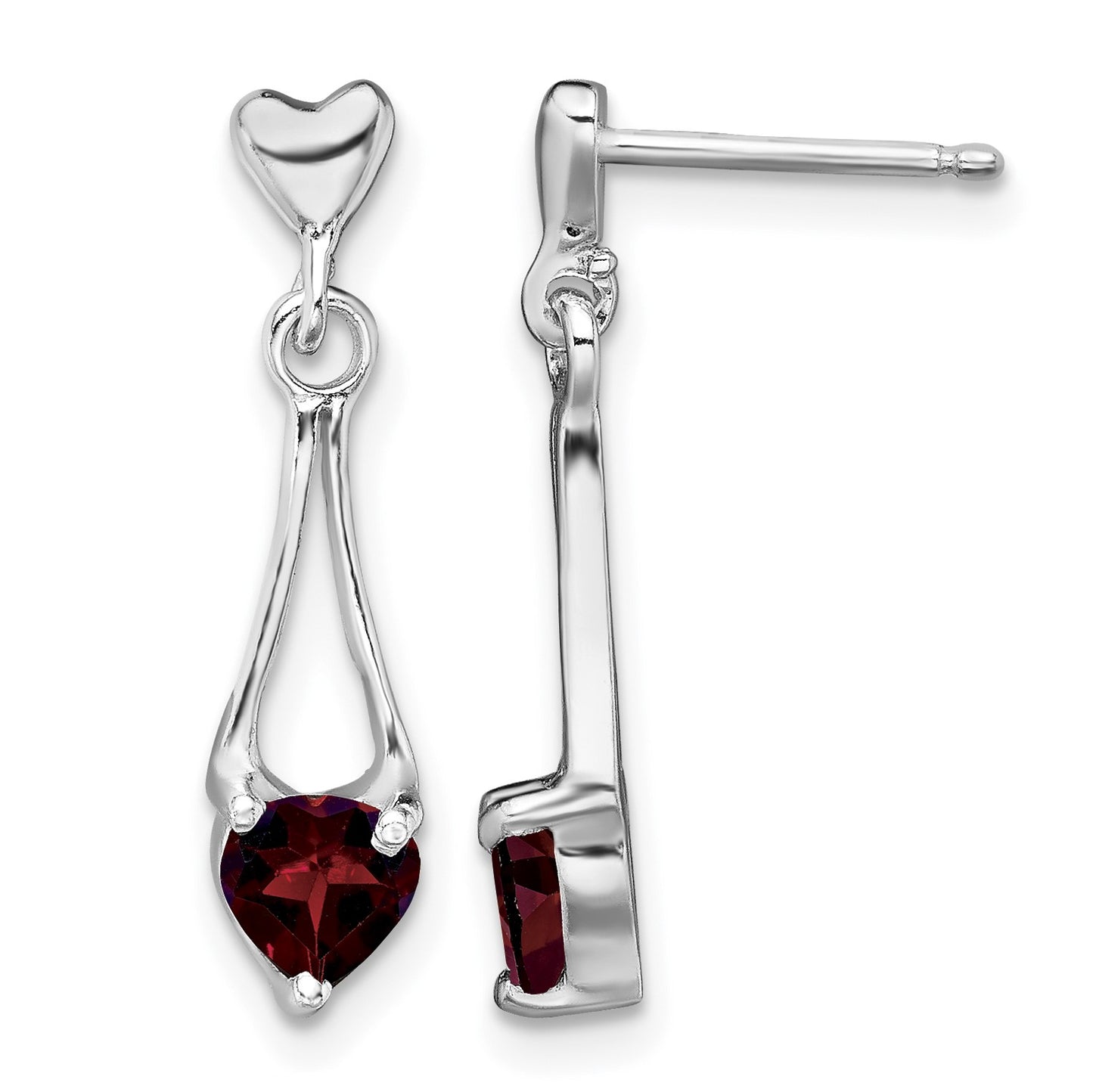 Sterling Silver Rhodium-plated Polished Garnet Heart Post Dangle Earrings