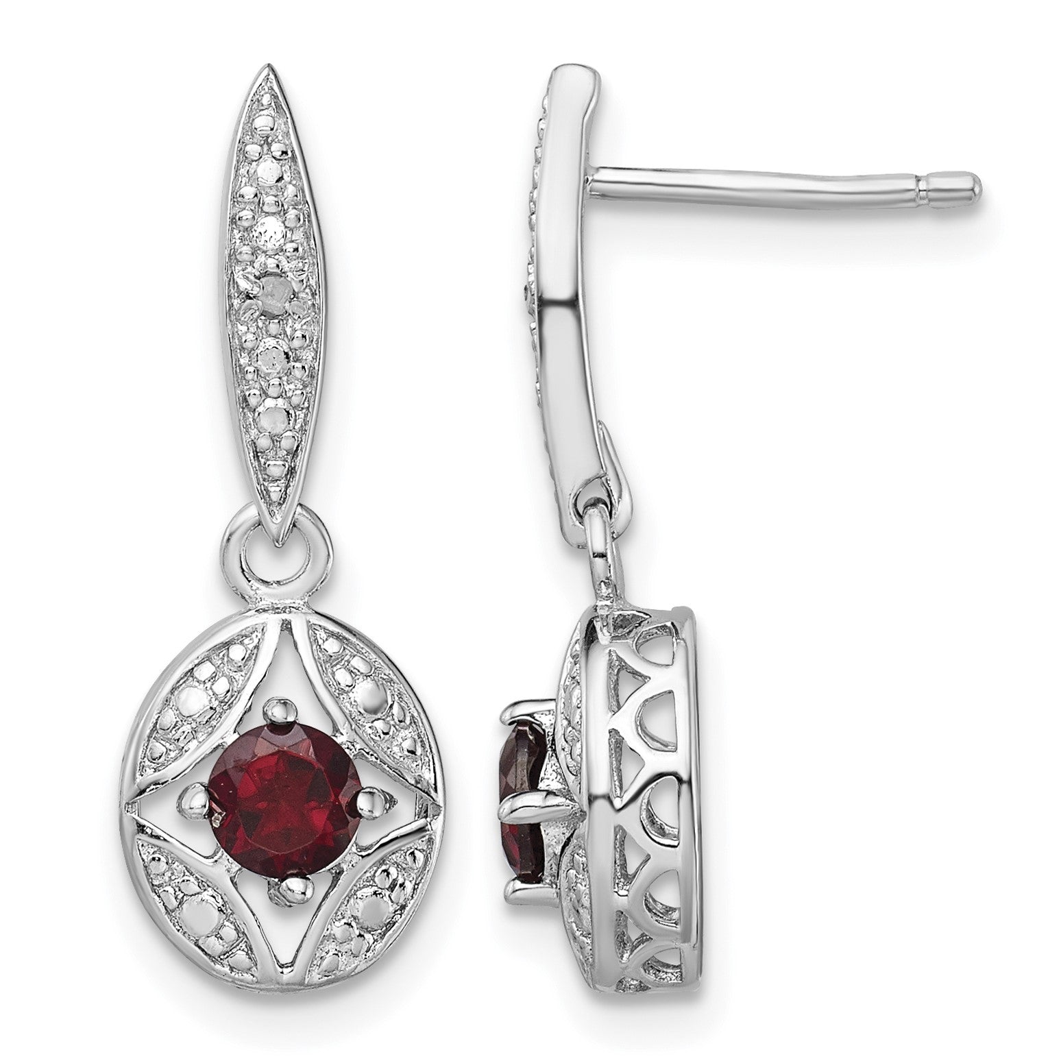 Sterling Silver Rhodium-plated Garnet and Diamond Dangle Earrings