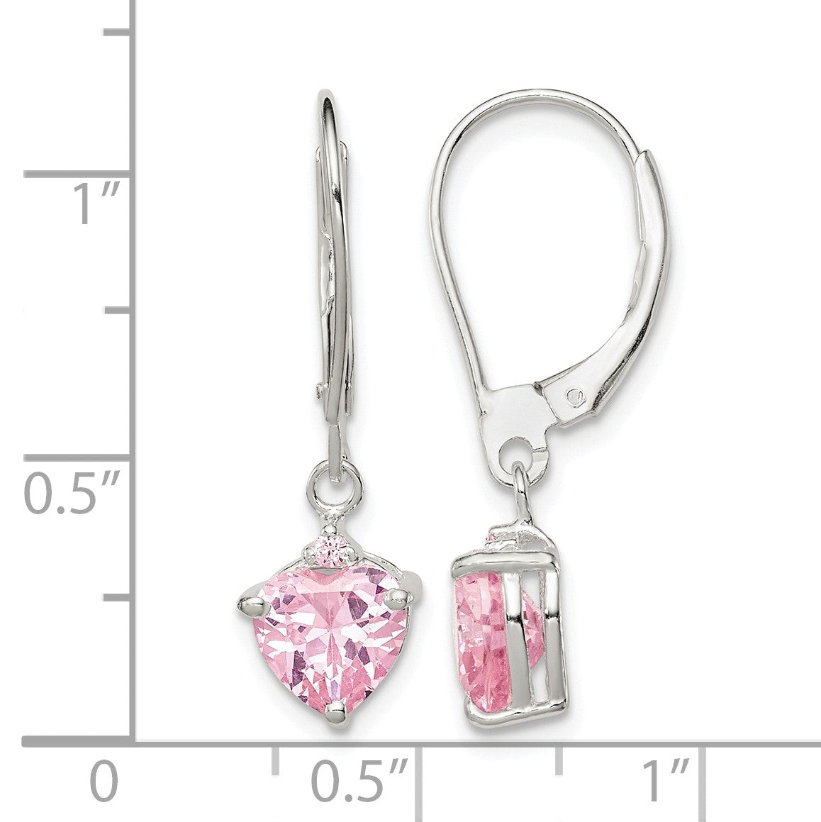 Sterling Silver Polished Pink CZ Heart Leverback Dangle Earrings