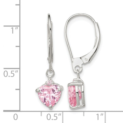 Sterling Silver Polished Pink CZ Heart Leverback Dangle Earrings