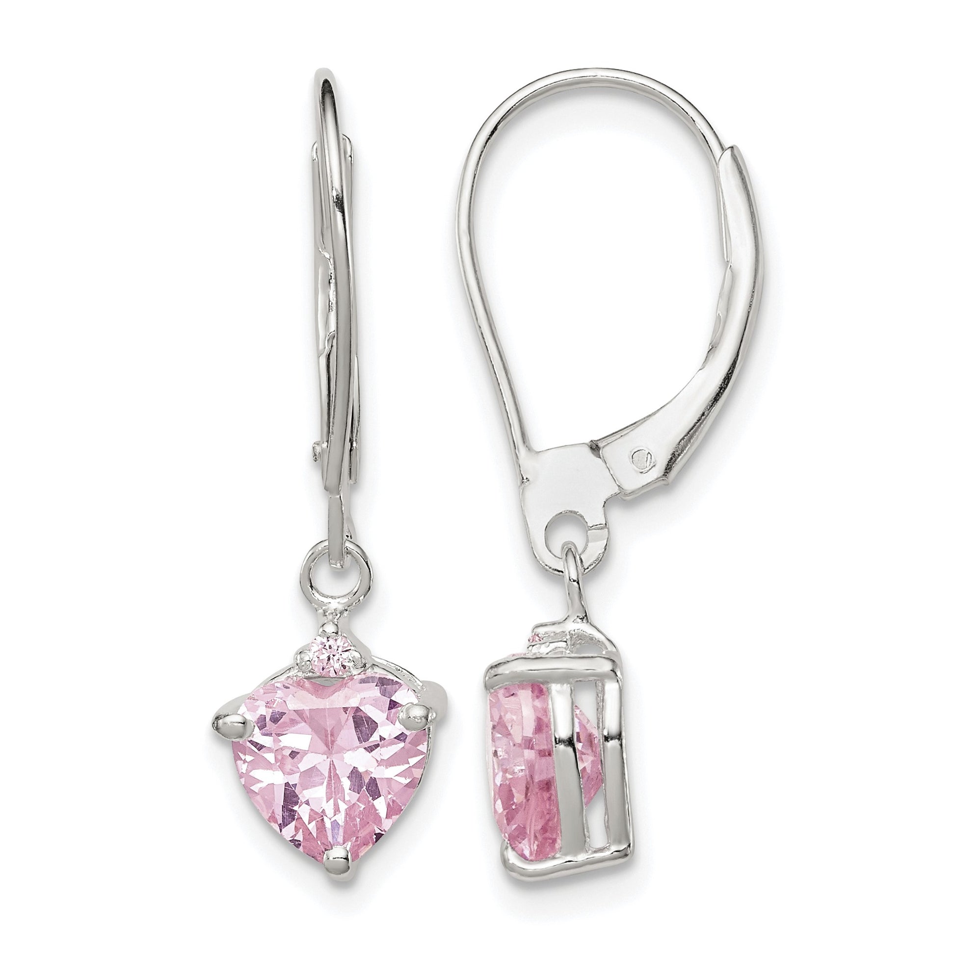 Sterling Silver Polished Pink CZ Heart Leverback Dangle Earrings