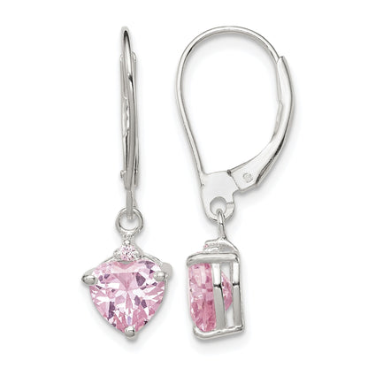 Sterling Silver Polished Pink CZ Heart Leverback Dangle Earrings