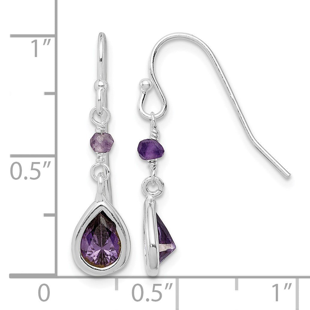 Sterling Silver Rhodium-plated Polish Purple CZ Teardrop Dangle Earrings