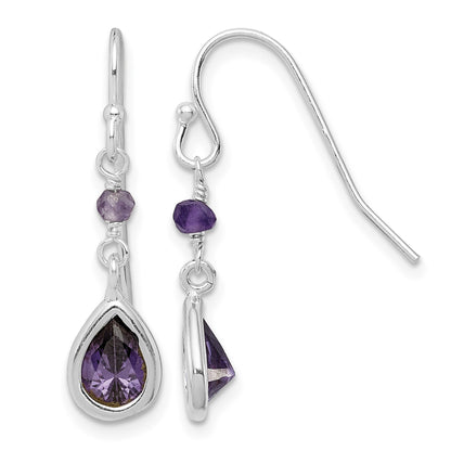 Sterling Silver Rhodium-plated Polish Purple CZ Teardrop Dangle Earrings