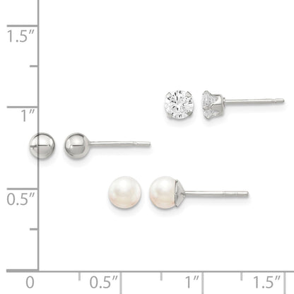 Sterling Silver Post 3pc Stellux Crystal and FWC Pearl Post Earring Set
