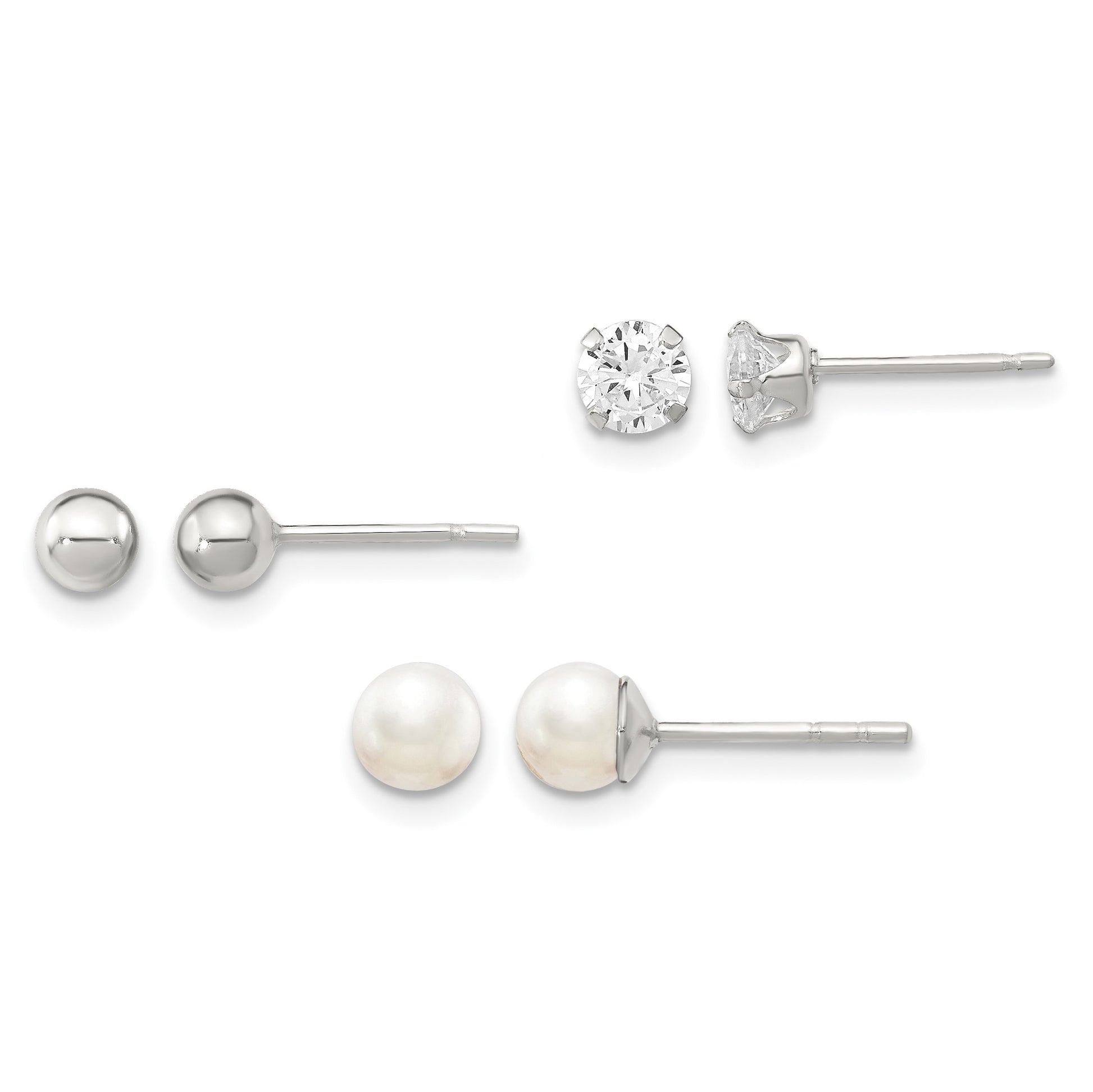 Sterling Silver Post 3pc Stellux Crystal and FWC Pearl Post Earring Set