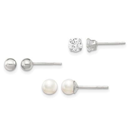 Sterling Silver Post 3pc Stellux Crystal and FWC Pearl Post Earring Set