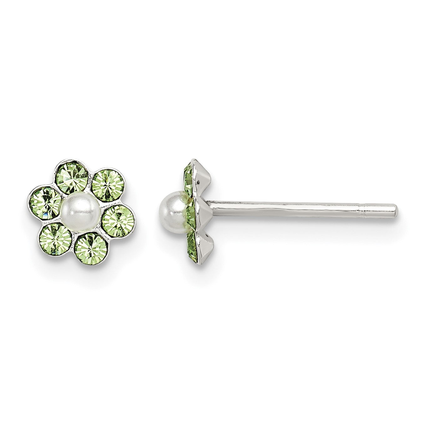Sterling Silver Polished Children's Stellux Crystal & Imitation Pearl Flower Post Earring Set