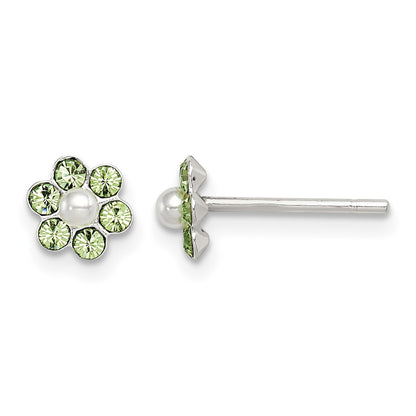 Sterling Silver Polished Children's Stellux Crystal & Imitation Pearl Flower Post Earring Set