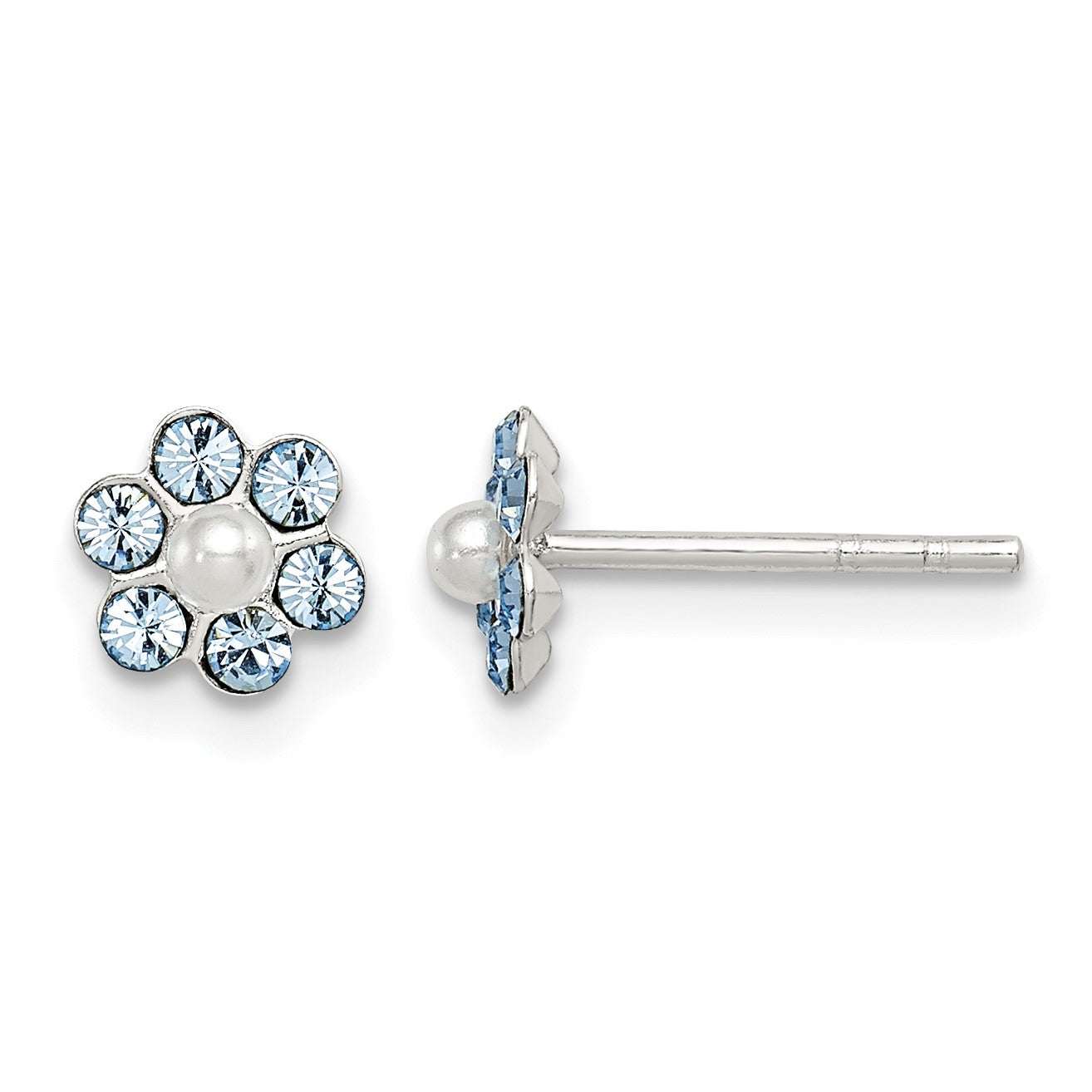 Sterling Silver Polished Children's Stellux Crystal & Imitation Pearl Flower Post Earring Set