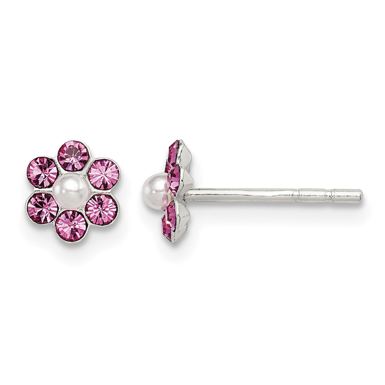 Sterling Silver Polished Children's Stellux Crystal & Imitation Pearl Flower Post Earring Set